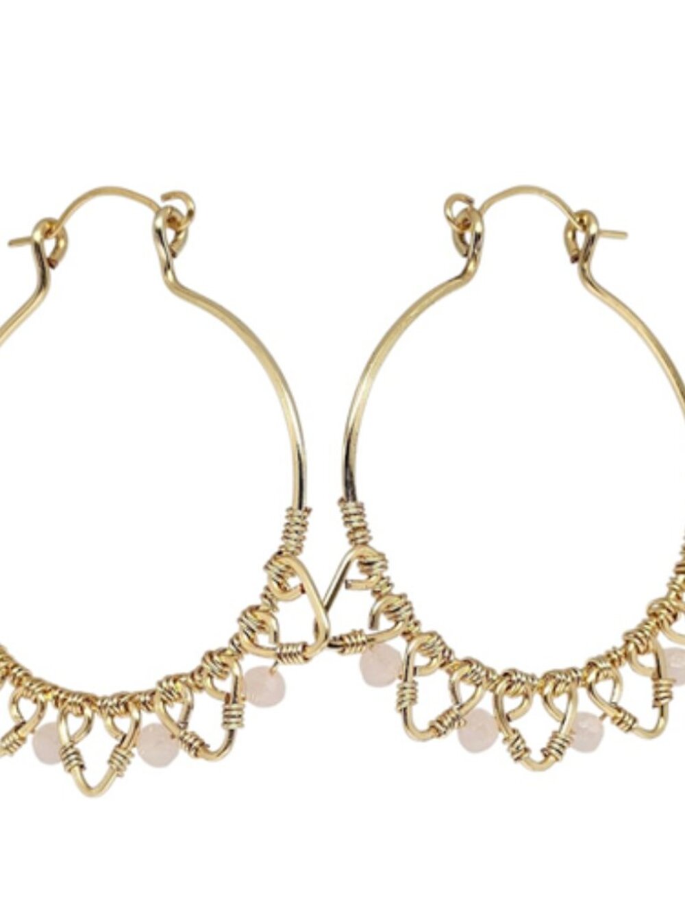 Handmade Pink Crystal Bead Gold Hoop Dangle Boho Earrings Wire Wrapped